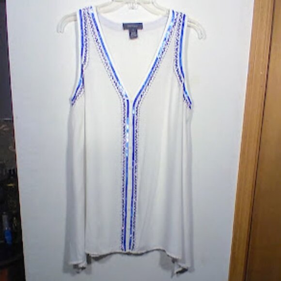 Karen Kane White Button Front Bright & Beachy Blue Beaded Tank Size: L - Picture 8 of 8